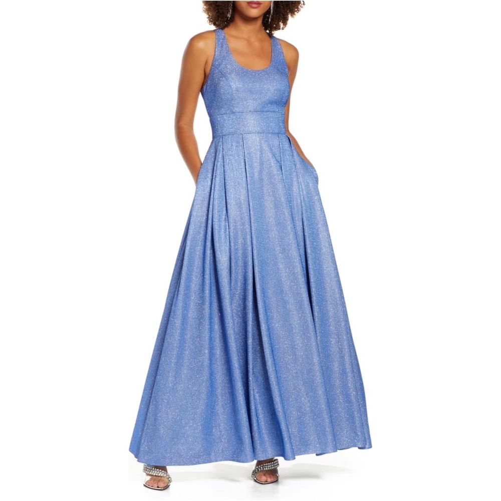 NWT Morgan & Co Blue Glitter Shimmer Pleated Gown
